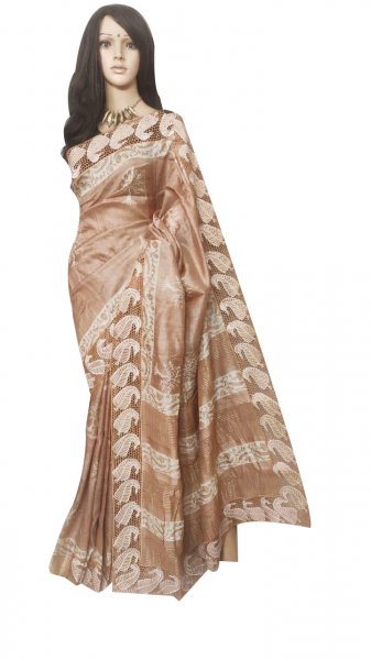 Clay and white pure silk cut work saree with blouse piece